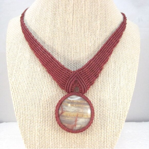 Handcrafted Burgundy Macrame Necklace with Natural Stone Pendant - Picture 1 of 11